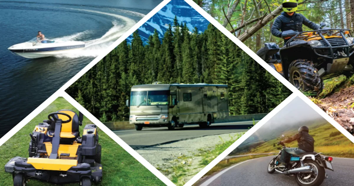 And RV, lawnmower, speed boat, ATV, and motorcycle collage